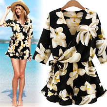 Load image into Gallery viewer, New Large Size Women&#39;s Chiffon Print V Neck Middle Sleeve Jumpsuit Fashion Trousers Skirt Loose Shorts Rompers Womens Jumpsuit