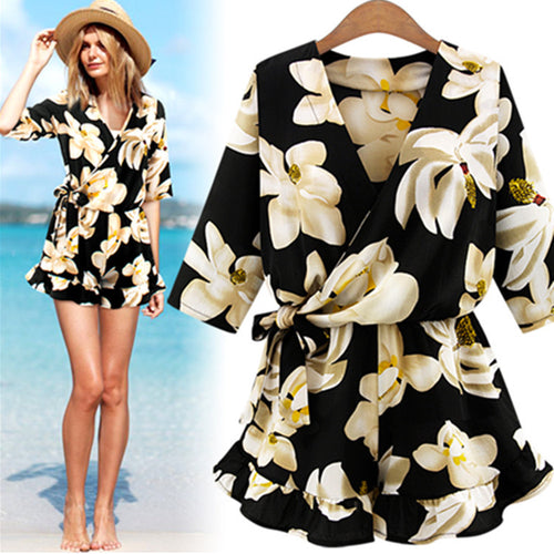 New Large Size Women's Chiffon Print V Neck Middle Sleeve Jumpsuit Fashion Trousers Skirt Loose Shorts Rompers Womens Jumpsuit