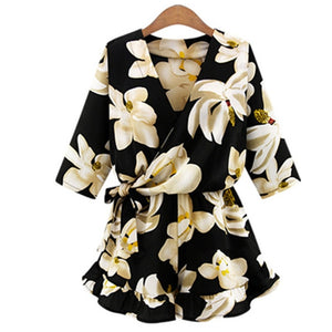 New Large Size Women's Chiffon Print V Neck Middle Sleeve Jumpsuit Fashion Trousers Skirt Loose Shorts Rompers Womens Jumpsuit