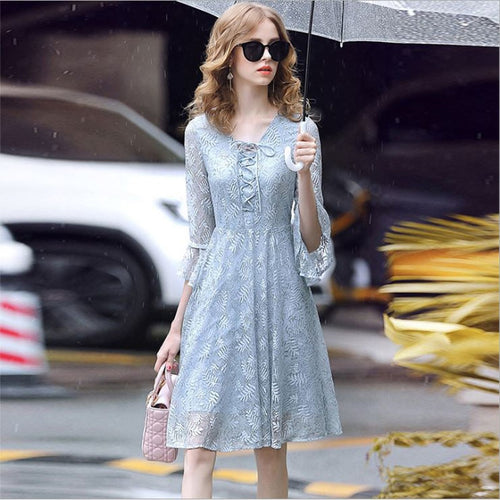 Autumn  2018 new style elegant tie horn sleeve slim lace medium length  skirt