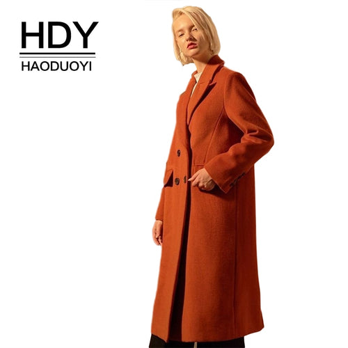 HDY haoduoyi  Classic Simple And Generous Temperament Double-Breasted Back Slit Ladies Wool Coat