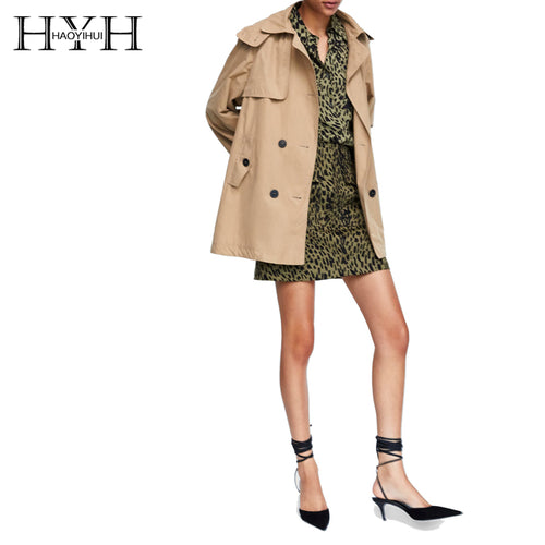 HYH HAOYIHUI Simple Lapel Coat Asymmetric Hem Side Slit Detachable Hooded Double-breasted Short Windbreake