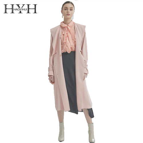 HYH HAOYIHUI Elegant Shawl Collar Double-breasted Belt Ladies Coat Long Solid Color Rear Slit Windbreaker