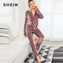 Load image into Gallery viewer, SHEIN Pink Button And Pocket Front Velvet Top And Pants PJ Set Women Spring Nightwear Tops With Long Pants Sleepwear Women