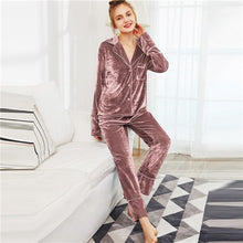 Load image into Gallery viewer, SHEIN Pink Button And Pocket Front Velvet Top And Pants PJ Set Women Spring Nightwear Tops With Long Pants Sleepwear Women