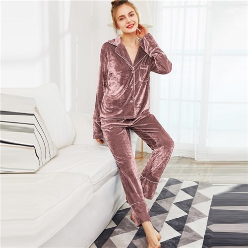 SHEIN Pink Button And Pocket Front Velvet Top And Pants PJ Set Women Spring Nightwear Tops With Long Pants Sleepwear Women