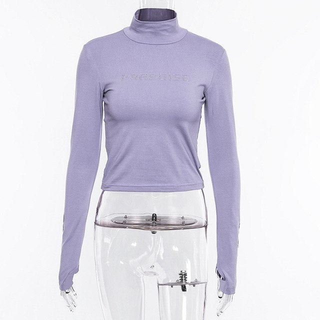 Female Sweatshirt Women Slim Shorts Crop Top Hoodie Turtleneck Autumn Winter Hot Drilling Purple Long Sleeve Pullover Streetwear