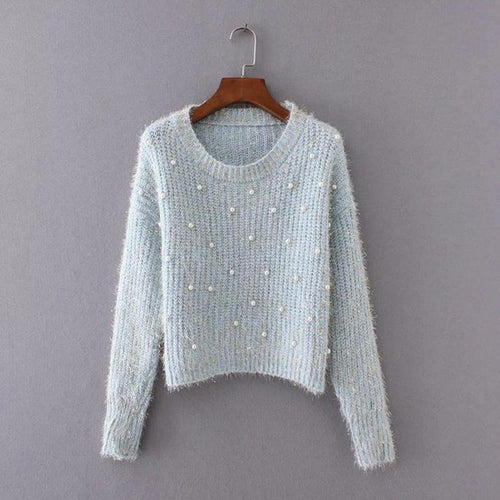 Autumn Winter New Korean Women Sweater Fashion Beaded Harajuku Clothing O-neck Long-sleeved Knit Shorts Top England Style