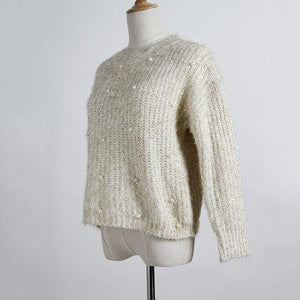 Autumn Winter New Korean Women Sweater Fashion Beaded Harajuku Clothing O-neck Long-sleeved Knit Shorts Top England Style