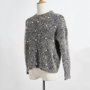 Autumn Winter New Korean Women Sweater Fashion Beaded Harajuku Clothing O-neck Long-sleeved Knit Shorts Top England Style